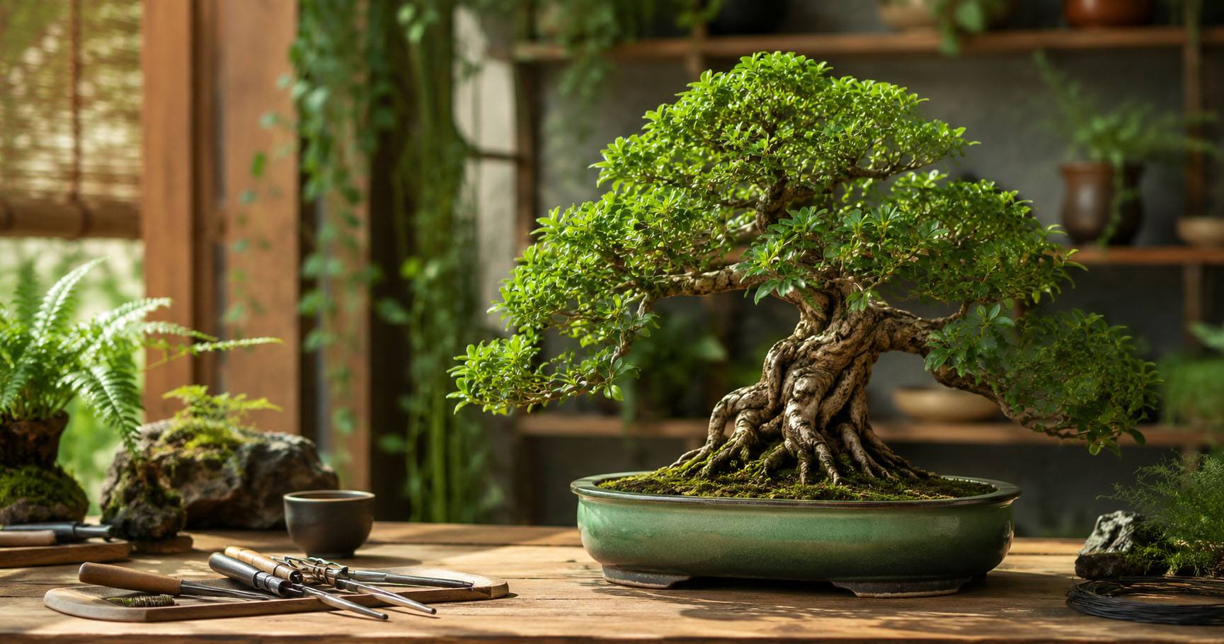 Guia Bonsai On-Line com bonsai tropical sobre bancada de trabalho