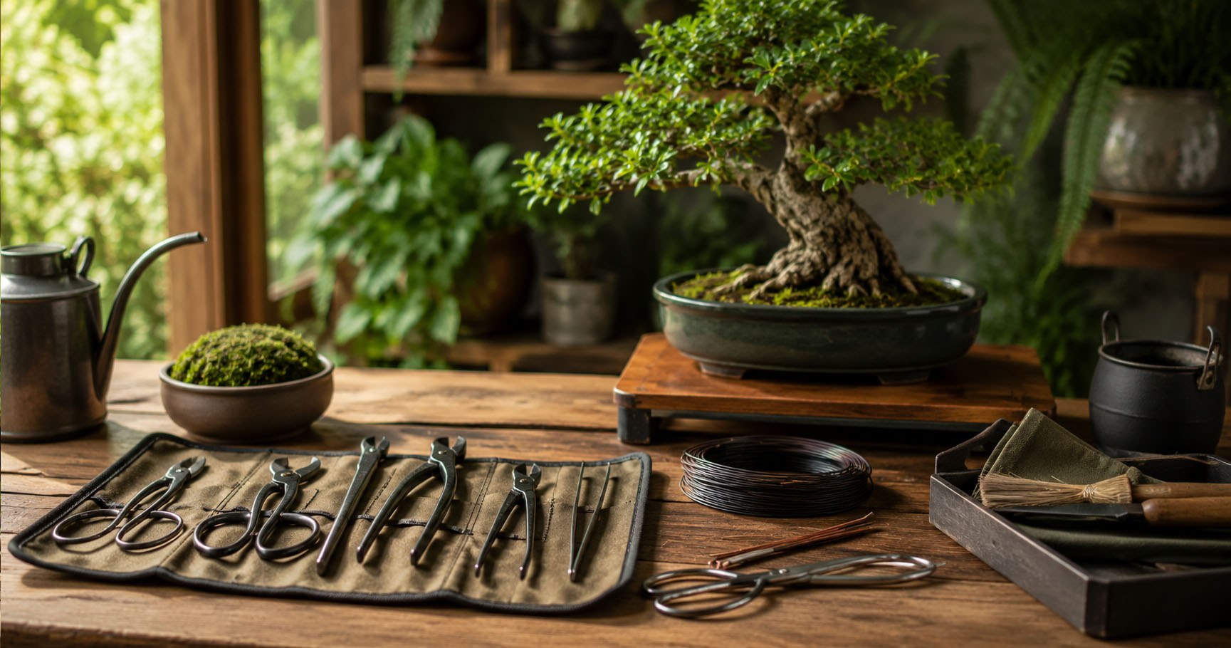 Ferramentas para bonsai organizadas sobre bancada com bonsai ao fundo