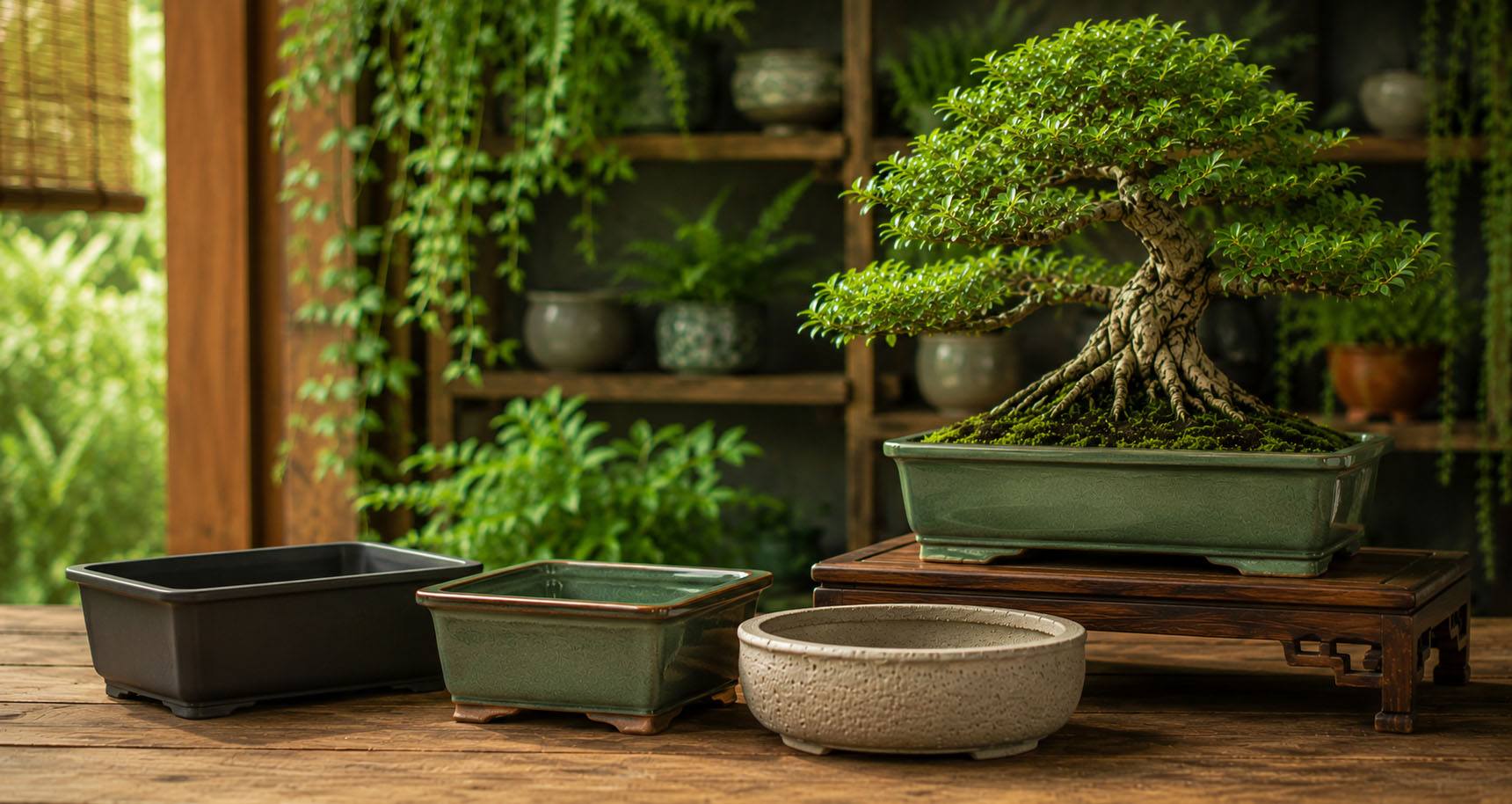 Bonsai com diferentes vasos sobre bancada de madeira para guia sobre escolha de vasos