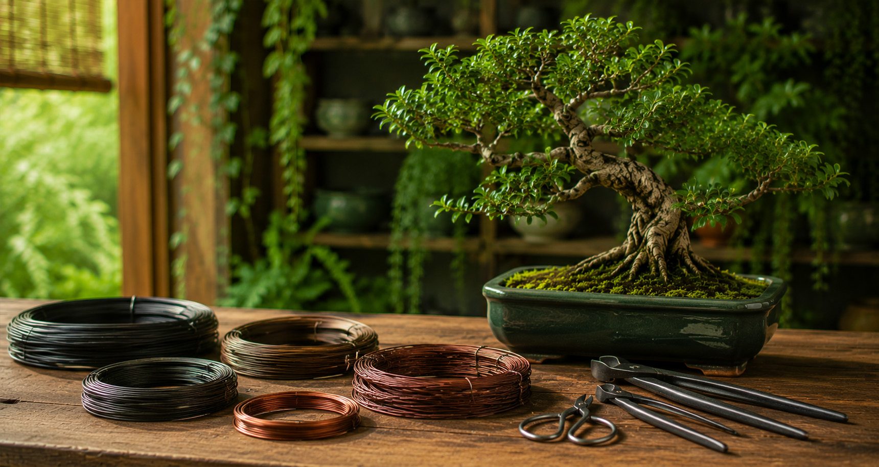 Bonsai sobre bancada com rolos de arame e ferramentas para guia sobre arame para bonsai