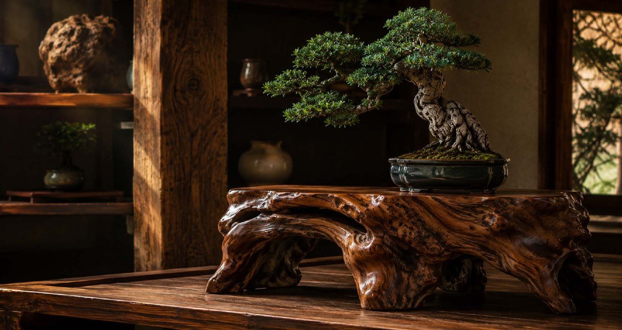 Hero editorial com bonsai sobre mesa de madeira nobre para página sobre Pinho de Riga